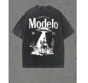 Modelo UFO Cowboy Graphic-Shirt – 230g Heavyweight Vintage Washed Cotton Retro Streetwear Tee With Cerveza Modelo Letter Print, UFO Western Cowboy Desert Scene Design, Y2K Oversized Casual Short Sleeve Men's Summer Fashion