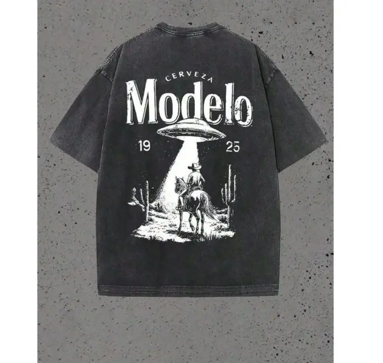 Modelo UFO Cowboy Graphic-Shirt – 230g Heavyweight Vintage Washed Cotton Retro Streetwear Tee With Cerveza Modelo Letter Print, UFO Western Cowboy Desert Scene Design, Y2K Oversized Casual Short Sleeve Men's Summer Fashion