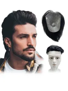 Men's Toupee Human Hair Business Style, Handmade Ultra-thin Skin V-looped Hairpieces Replacement Hair System, PU Thin Skin Realistic Hair Topper, Pre Cut Wig