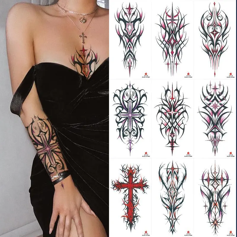 Realistic Cross Temporary Tattoos - 9 Sheets (8.26 x 4.49 inches), Long-Lasting Waterproof Tattoo Art Stickers with Safe Materials, Unisex Body Decals for All Skin Types, Ideal for Parties, Realistic Temporary Tattoos, Crosses