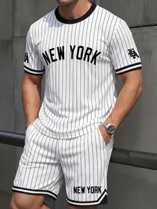 Men's Two-Piece Set, Matching New York Letter Print Vertical Stripe Baseball Style Round Neck Short Sleeve T-Shirt + Shorts, Casual Summer
