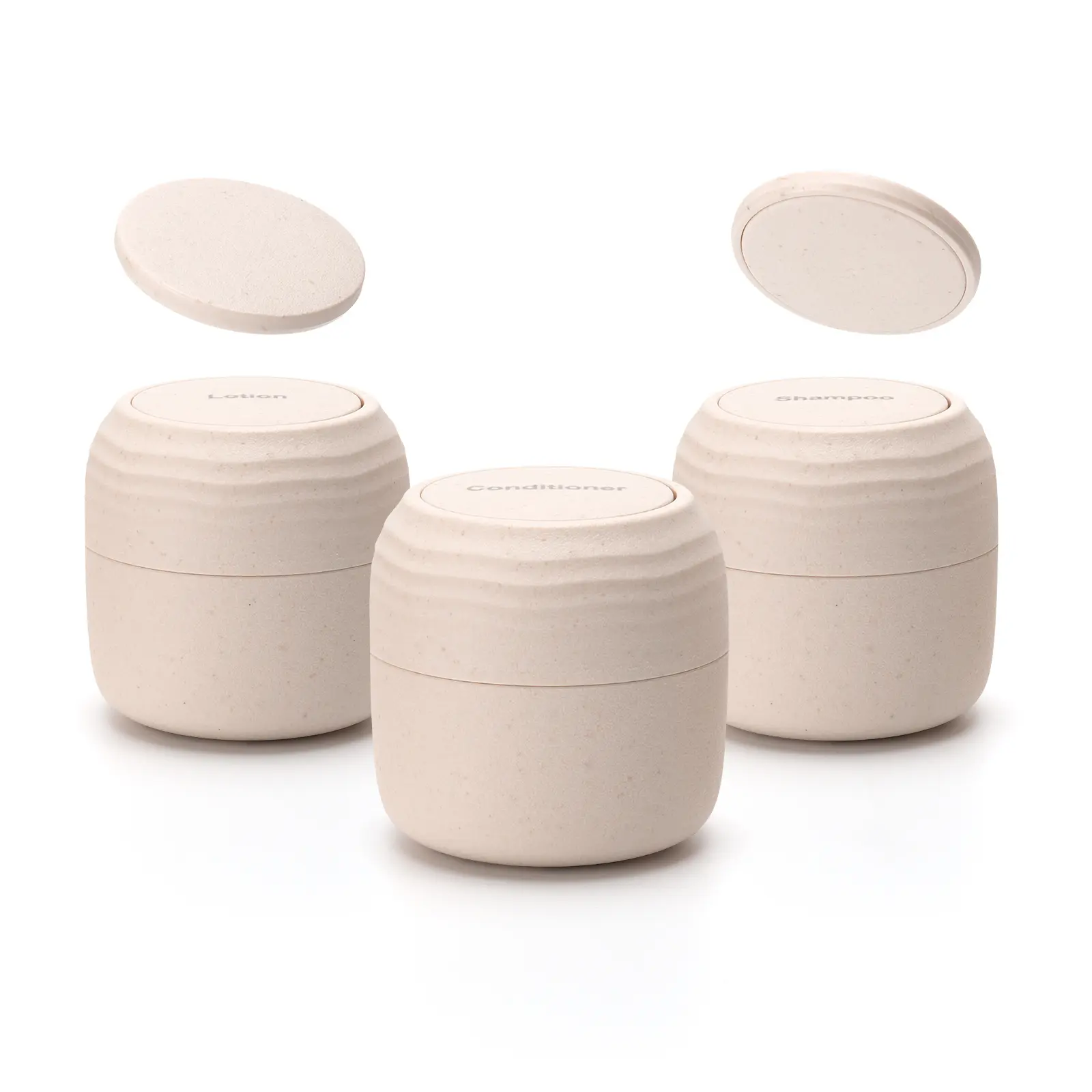 Lotour 3-Pack 1 oz Travel Containers, Leakproof PLA Hard-Shell Toiletry Jars with 5 Magnetic Labels, Wide-Mouth Refillable Bottles for Lotion, Cleanser, Shampoo & Conditioner, Beige