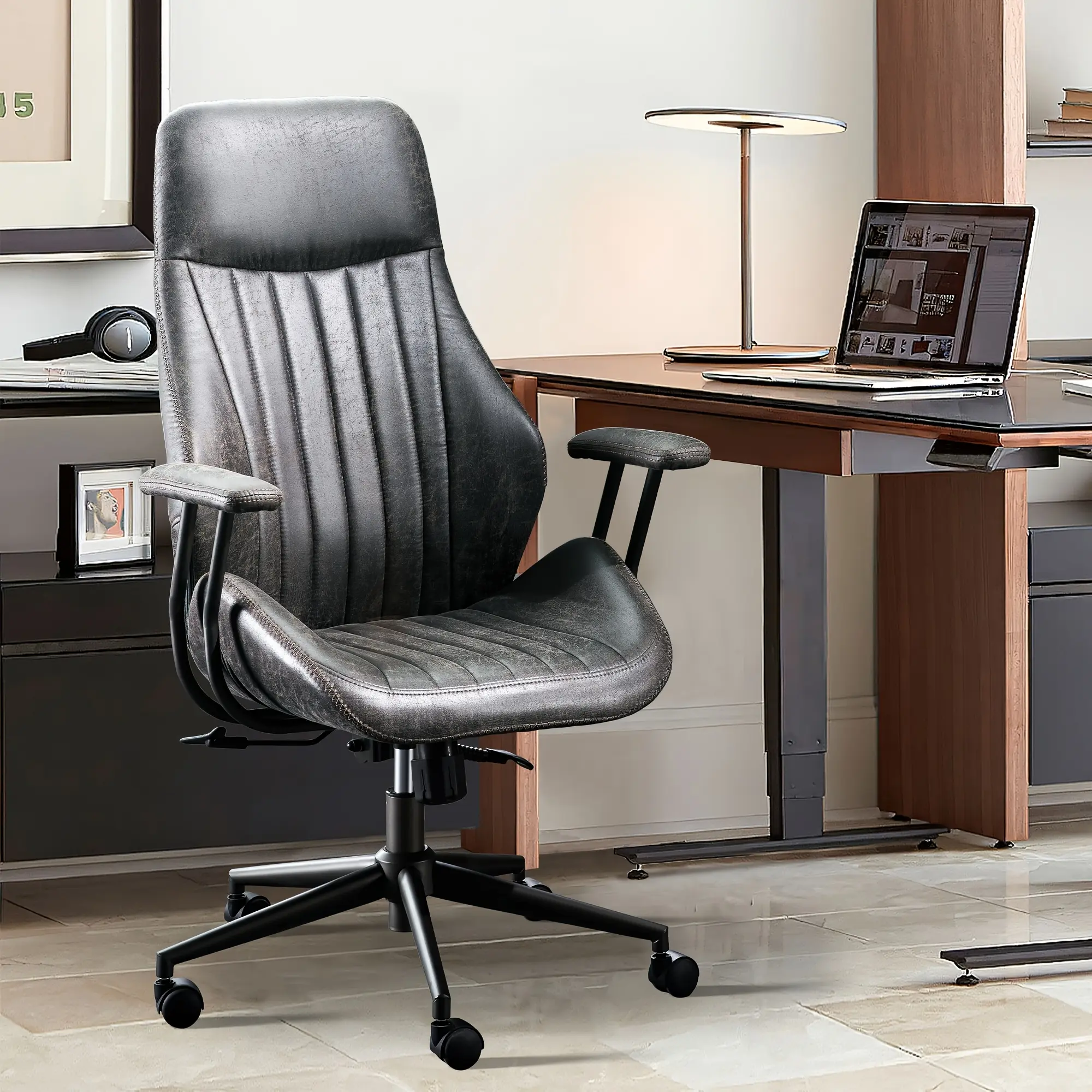 Weaxty High Back Suede Desk Chair with Lumbar Support, Side Pockets, and 5-Wheel Base Ergonomic Executive Office Chair Buts for Comfortable Home & Work