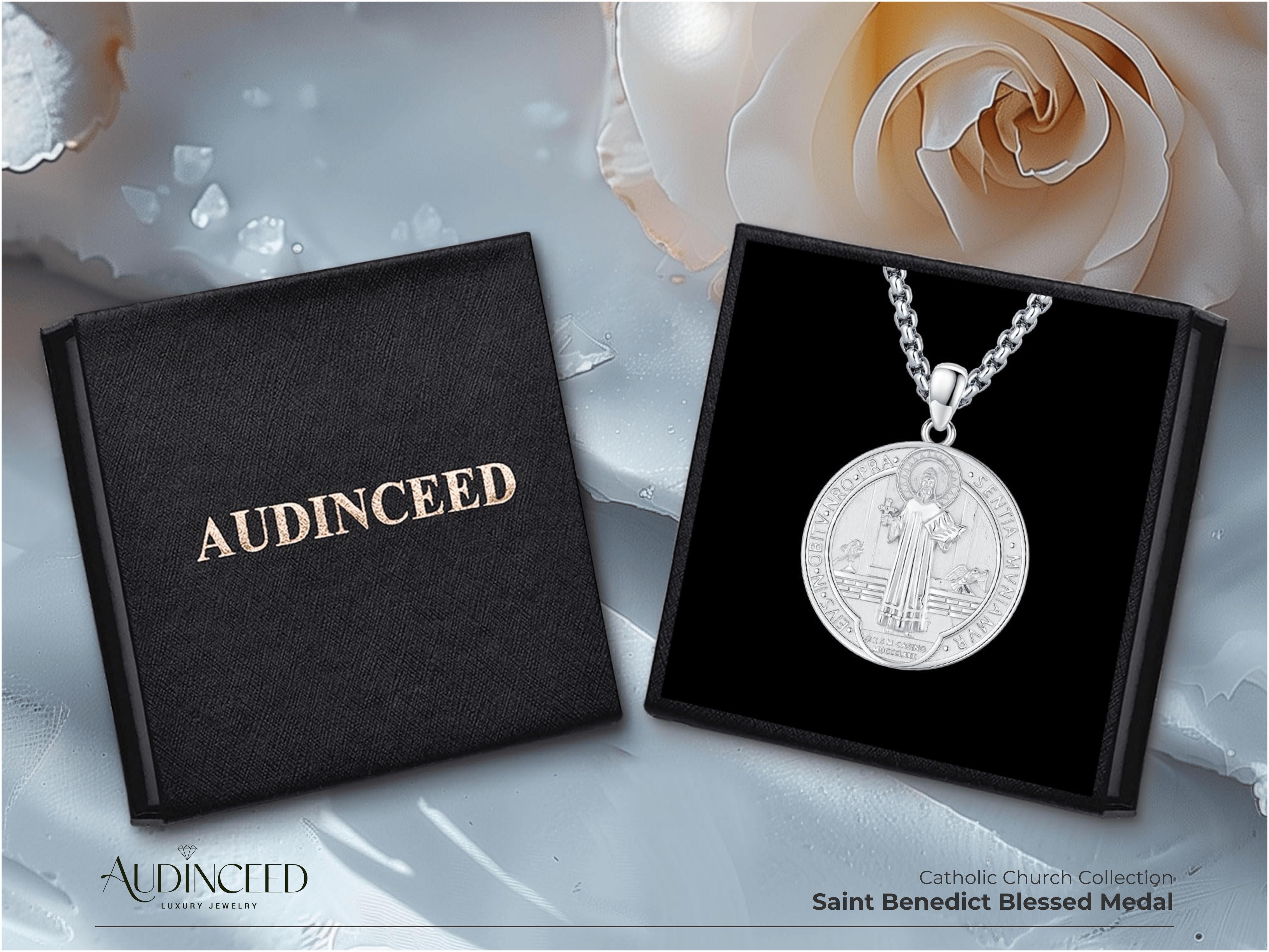 Audinceed St Benedict Coin Pendant Necklace S925 Sterling Silver San Benito Necklace Religious Inspired Jewelry Christian Gift for Men Women Teens Birthday Anniversary