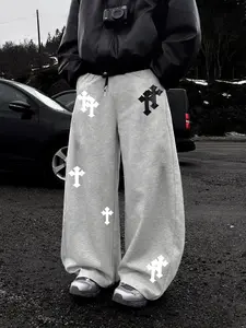 Men's Fashion Street Gothic Cross Print Sweatpants, Loose Wide Leg Straight Fit, Daily Commute & Trendy Party, Punk Style, Letter Patched Sweatpants