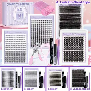 A：Lash Extension Kit 762 PCS Mixed Style DIY Lash Extension Kit With Lash Bond&Seal Eyelash Glue Remover Tweezer Mascara Shield Lash Curler and Brush for Self Application At Home Eyelashes Makeup Set/B:DEMO1-KIT/C:009-KIT/D: M02-KIT/E:40+60+80+100D-KIT