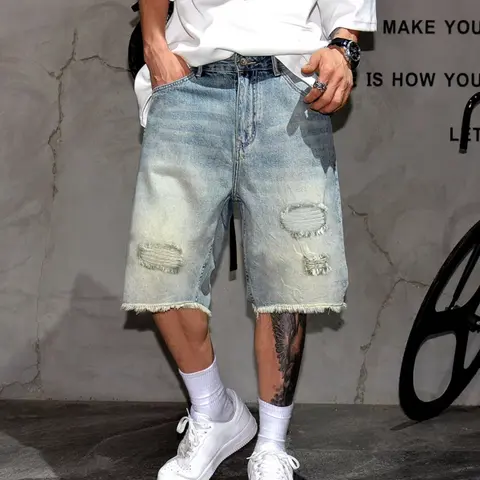 Men's Jean Shorts, American Style Light Wash Ripped Denim, Summer Thin Fashion Streetwear, Loose Fit Straight Leg Five-Pocket Pants, Short Jeans