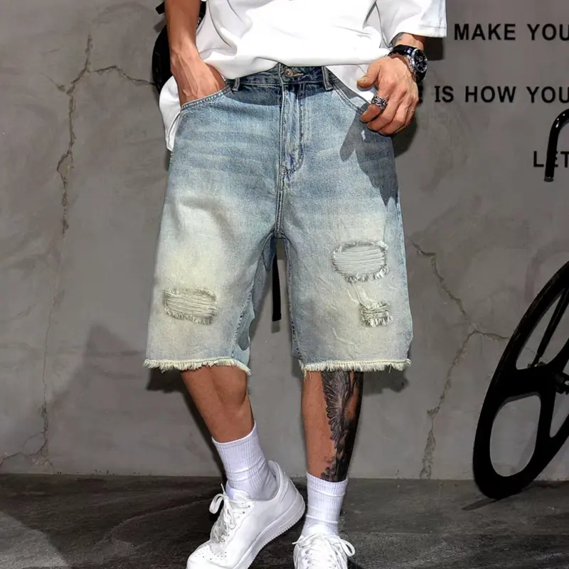 Men's Jean Shorts, American Style Light Wash Ripped Denim, Summer Thin Fashion Streetwear, Loose Fit Straight Leg Five-Pocket Pants, Short Jeans