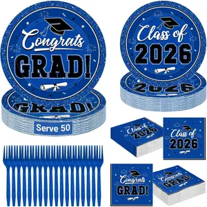 ELARIONITH 200Pcs 2026 Blue Graduation Disposable Tableware Kit, 50-Guest Party Supplies Set Including Plates, Napkins, Dessert Plates and Forks for Graduation Decor