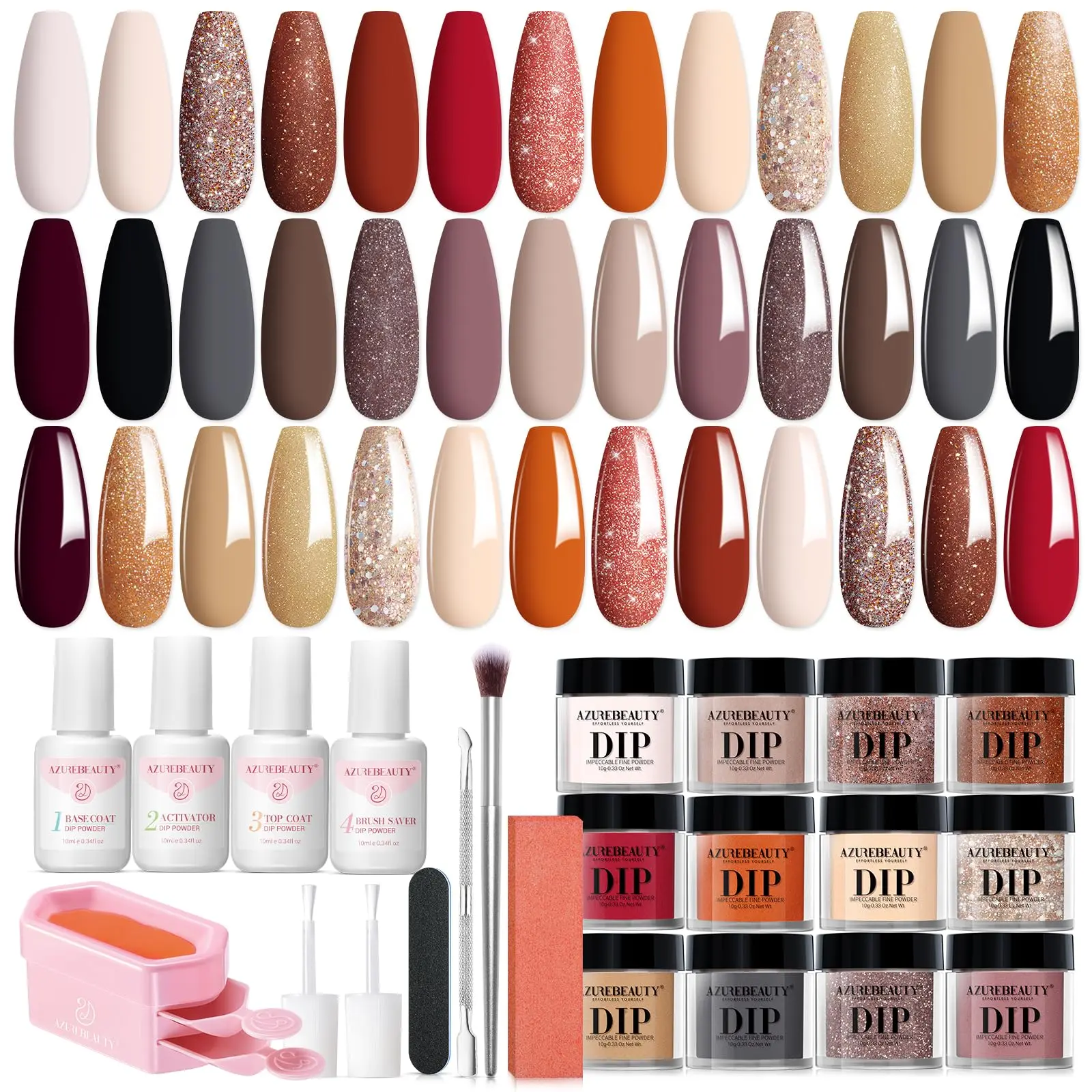 AzureBeauty 31-Pcs Fall Winter Dip Powder Multi-Pack - 20 Colors (Glitter, Nude, Black, Grey), French, Liquid Top/Base Coat, Activator - Manicure at Home, DIY Salon Nail Art for Adults, 24-Month Nail Care Gift, Dip Powder Nails, Gift For Women