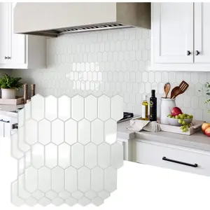 Upgraded thicker design backsplash tile peel and stick 10sheet grayish white with gray grout long hexagon self adhesive wall tiles stick on backsplash for kitchen bathroom rv fireplace