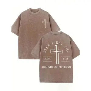 First Seek The Kingdom Of God, God Is Worthy Of Your Faith, Believe In Christianity, Classic Retro Fashion High Street Cross Popular Letter Pattern Printing Boutique 230g Washed Cotton T-Shirt, Men's Summer High-Quality Printed Cotton washed pure cot