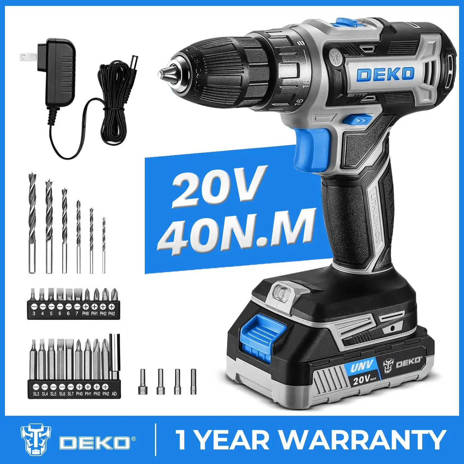 DEKO 20V Brushless Cordless Drill Kit With 1.5Ah Battery & Charger, 2-Speed, 18+1 Torque Settings, Electric Screwdriver for Furniture, Wall & Metal Dr