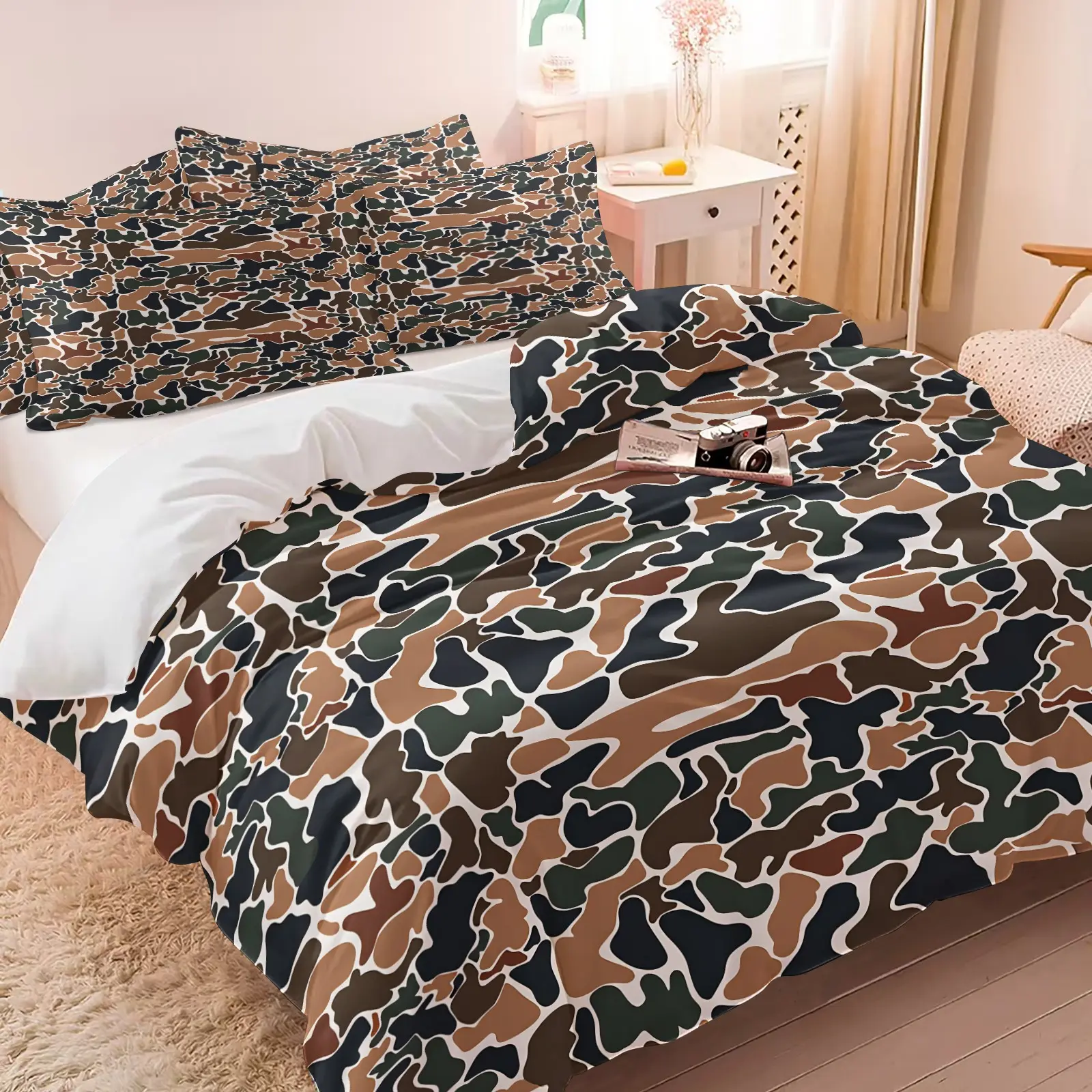 Vintage Hunting Camo Duvet Cover Set, Camouflage Bedding Set, Bedroom Bedding Set, Breathable & Lightweight Bedding for All Seasons, Bed Covers, 1 Duvet Cover + 1/2 Pillowcases (No Core), Ideal Gift for Outdoor & Military Aesthetic Lovers