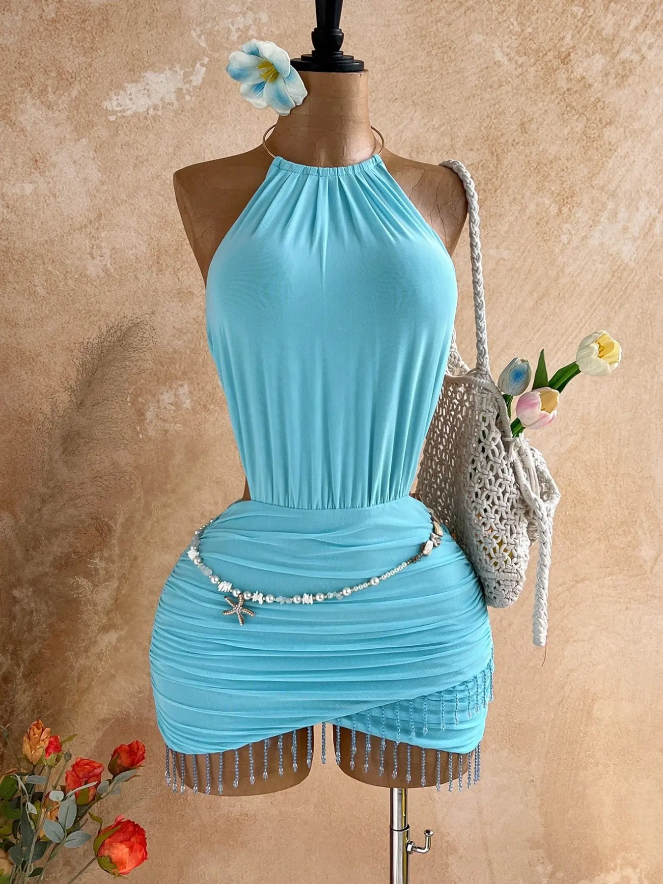 Sexy Backless Sleeveless Hollow Out Mini Dress with Rhinestones and Tassel, Embellished Dress, Womenswear, Perfect for Formal Evening Parties, Dresses for Party, Valentine's Day Date Night Bohemian Style All Seasons, Chic Evening Dresses