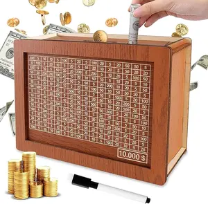 Wooden Cash Saver Money Box, Cash Vault Wooden Savings Box with Money Target and Numbers, Wooden Coin Bank with Counter for $10,000 Savings Goal, Perfect for Halloween and Christmas Gifts.