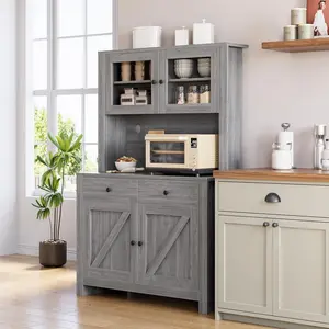 Pantry Cabinet Dark Grey Tall Kitchen Storage Microwave Stand Coffee Bar Freestanding Hutch Four Doors Adjustable Shelves Dining Room