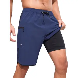 Mens Swim Trunks with Compression Liner 9 Inch Long Bathing Suit 2 in 1 Beach Quick Dry Shorts with Pockets
