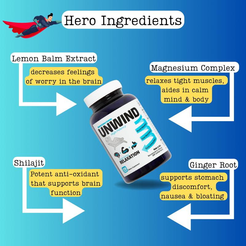 Unwind - Relaxation & Recovery Supplement with Magnesium, Lemon Balm, Shilajit & Ginger - Supports Calm, Muscle Recovery, and Restful Sleep - 120 Capsules - Made in USA