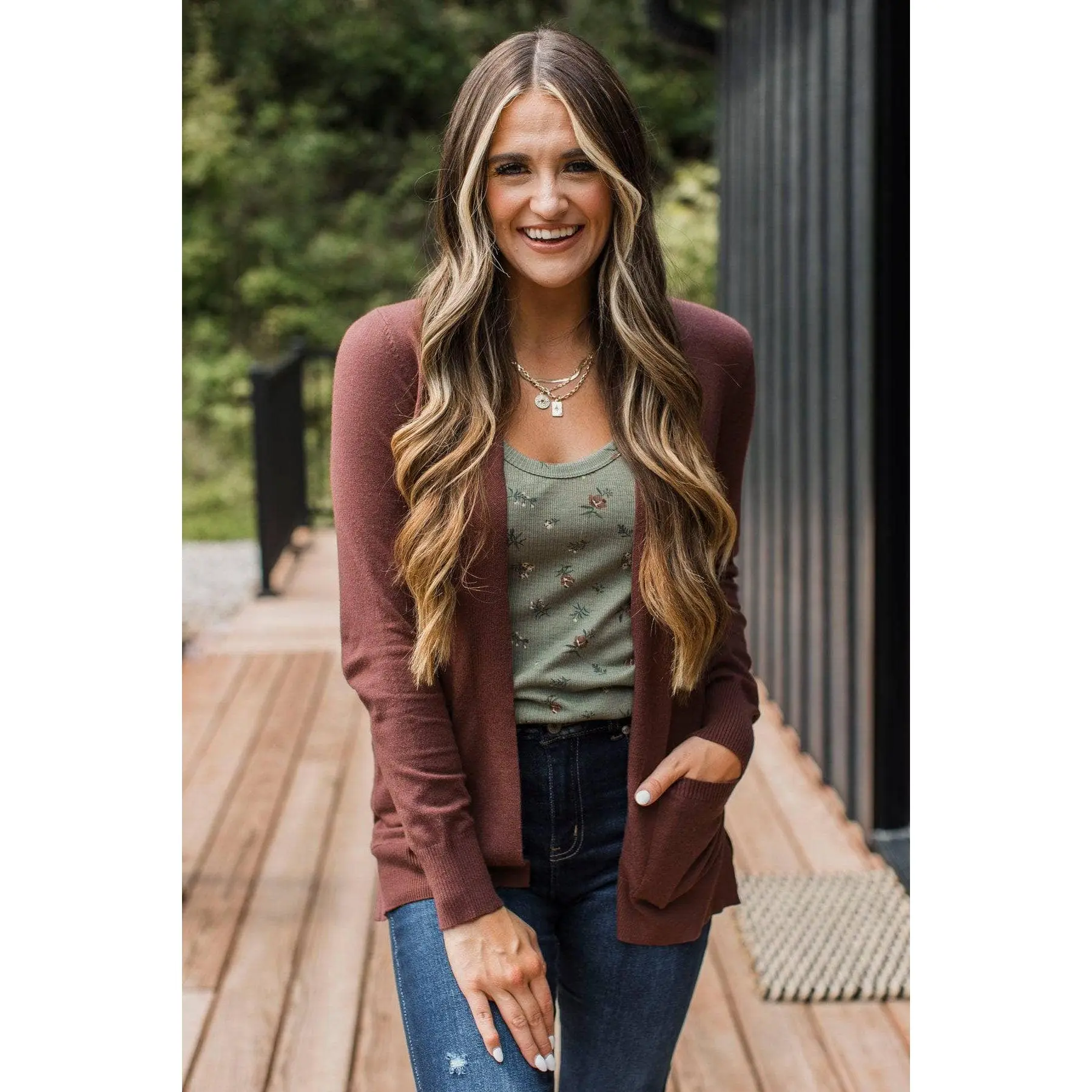 Women's Ribbed Open Front Cardigan - Lightweight Viscose Blend, Chocolate Brown, Stretchy Fit, Pockets, Side Slits, Style, Knitwear Top