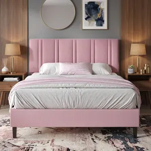 Premium Linen Upholstered Bed Frame, Tufted Headboard Platform Bed, No Box Spring Needed, Sturdy Bed Base Frame, Easy Assembly, Multi Color Pink White Black Blue, Twin Full Queen Size Bedroom Furniture