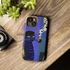 Blue Cat Phone Case, Artistic Music Cat Illustration Protective Cover for ip and ss, Cute Aesthetic Animal Art Design, gift