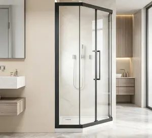 Neo-Angle Sliding Shower Enclosure 36"x72" 1/4" Clear Tempered Glass Diamond Shaped Door Double Rollers Stainless Steel Handles Black Adjustable Wall Profile Watertight Seals