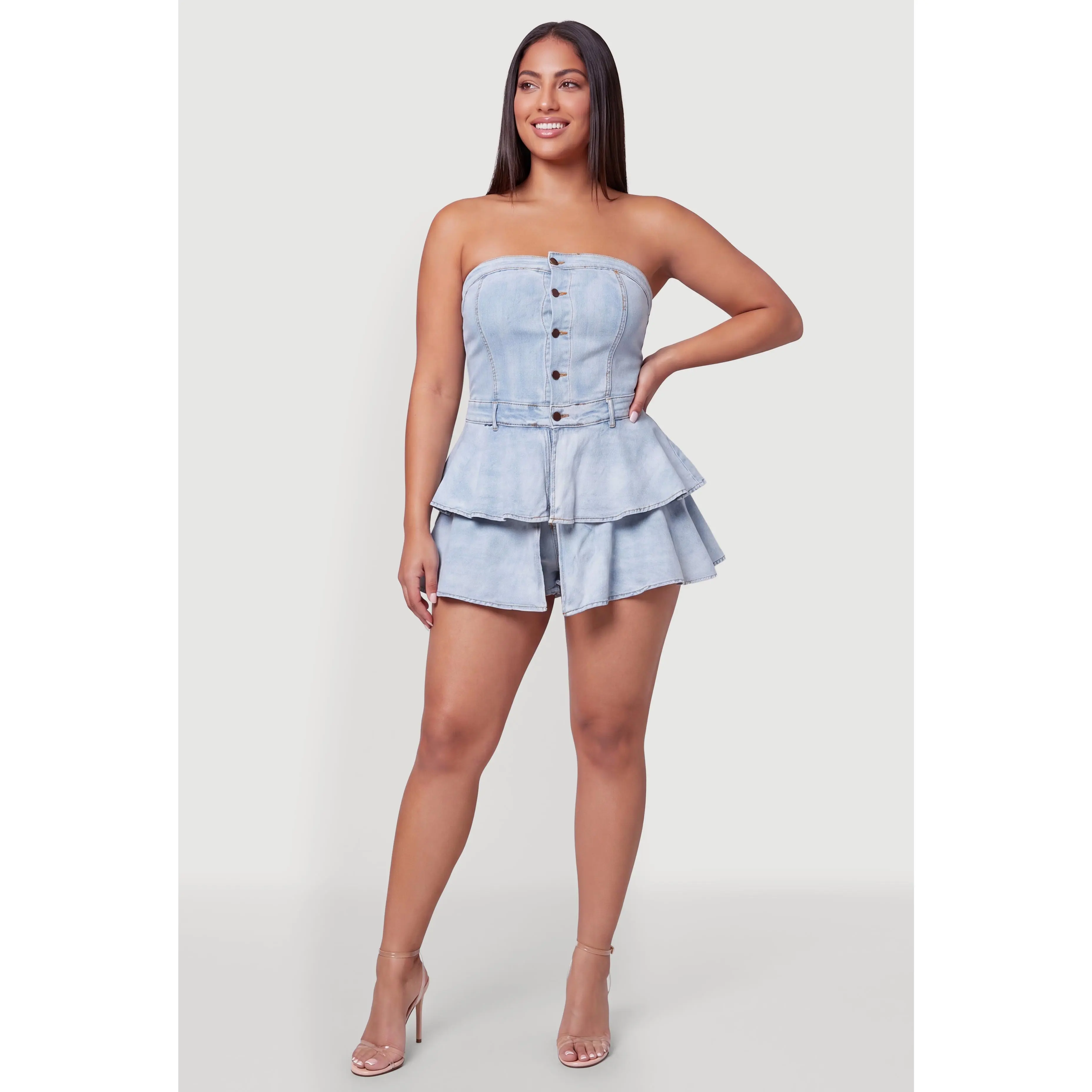 Plus Size Strapless Tiered Denim Romper