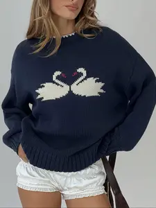 Women's Navy Blue Knit Sweater Pullover with Swan Heart Graphic Loose Fit Long Sleeve Casual Knitwear Oversized Drop Shoulder Warm Soft Jumper Vintage Aesthetic Winter Fashion Top