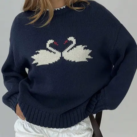 Women's Navy Blue Knit Sweater Pullover with Swan Heart Graphic Loose Fit Long Sleeve Casual Knitwear Oversized Drop Shoulder Warm Soft Jumper Vintage Aesthetic Winter Fashion Top Womenswear Knitting Knit Sweater Clothing