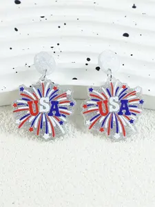 Usa Women's Acrylic Earrings, Silver Color Glitter Studs, Firework Design, Perfect for Independence Day, Vacation, and Holiday Celebrations