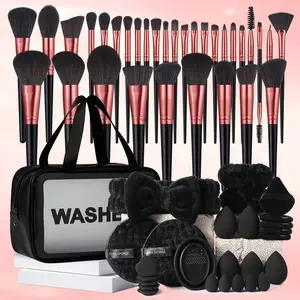 WASHED 59PCS Makeup Tools Set with Multi-Functional Zipper Toiletry Bag Waterproof 32PCS Brushes 5PCS Sponges Mini Sponges Triangle Puffs Air Cushion Puffs Facial Cleansing Sponges Hairband Hand Bowl Strap Cleaning Tools