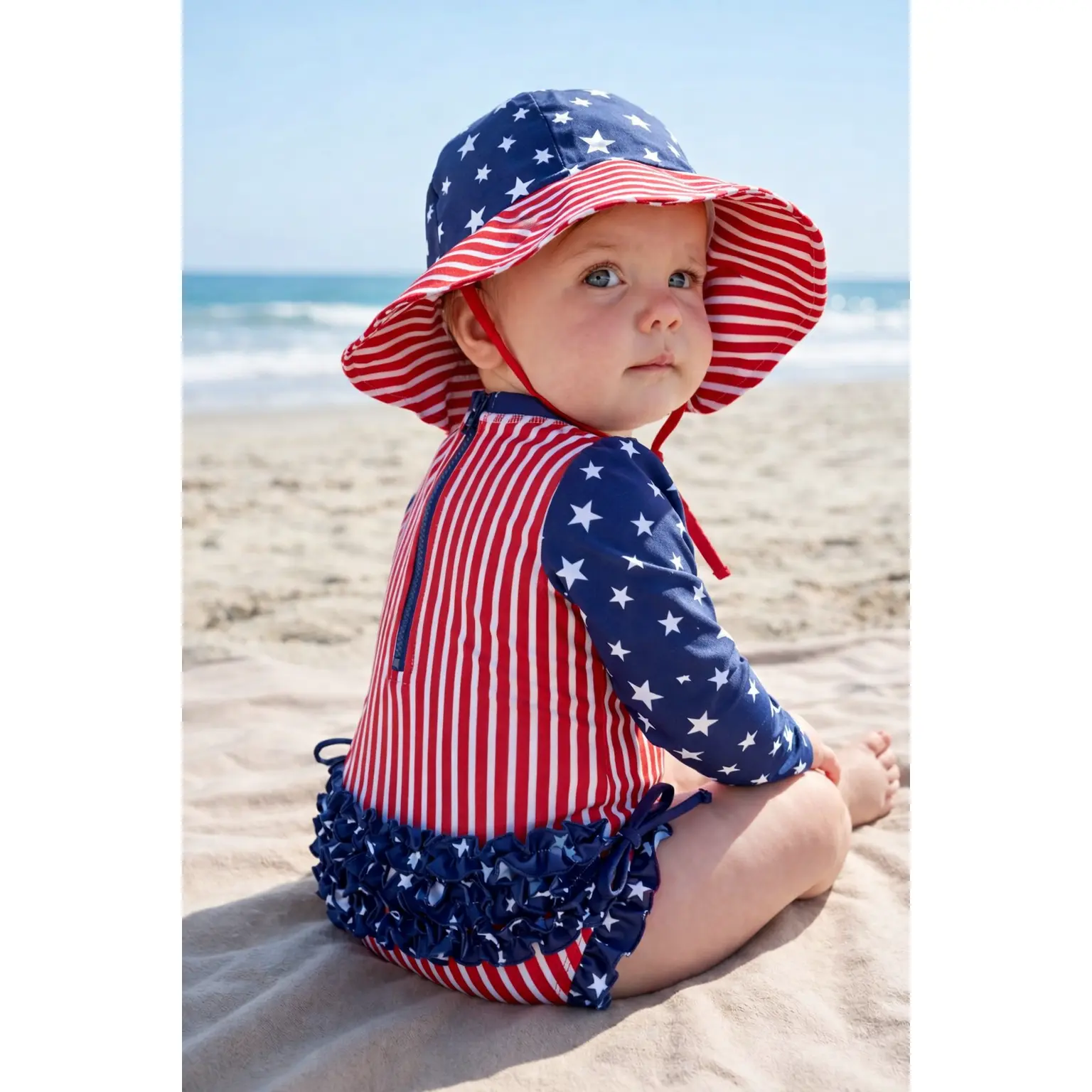 Girls' Stars & Stripes Long Sleeve 1-Piece Rash Guard Swimsuit - UPF 50+ Quick-Dry Stretch Nylon, Twirl-Ready Ruffle Bottom, Diaper Snaps Access, Zip, UV Protection, Cold Wash for Backyard BBQs, Pool Days, Rash Guard Swimsuits