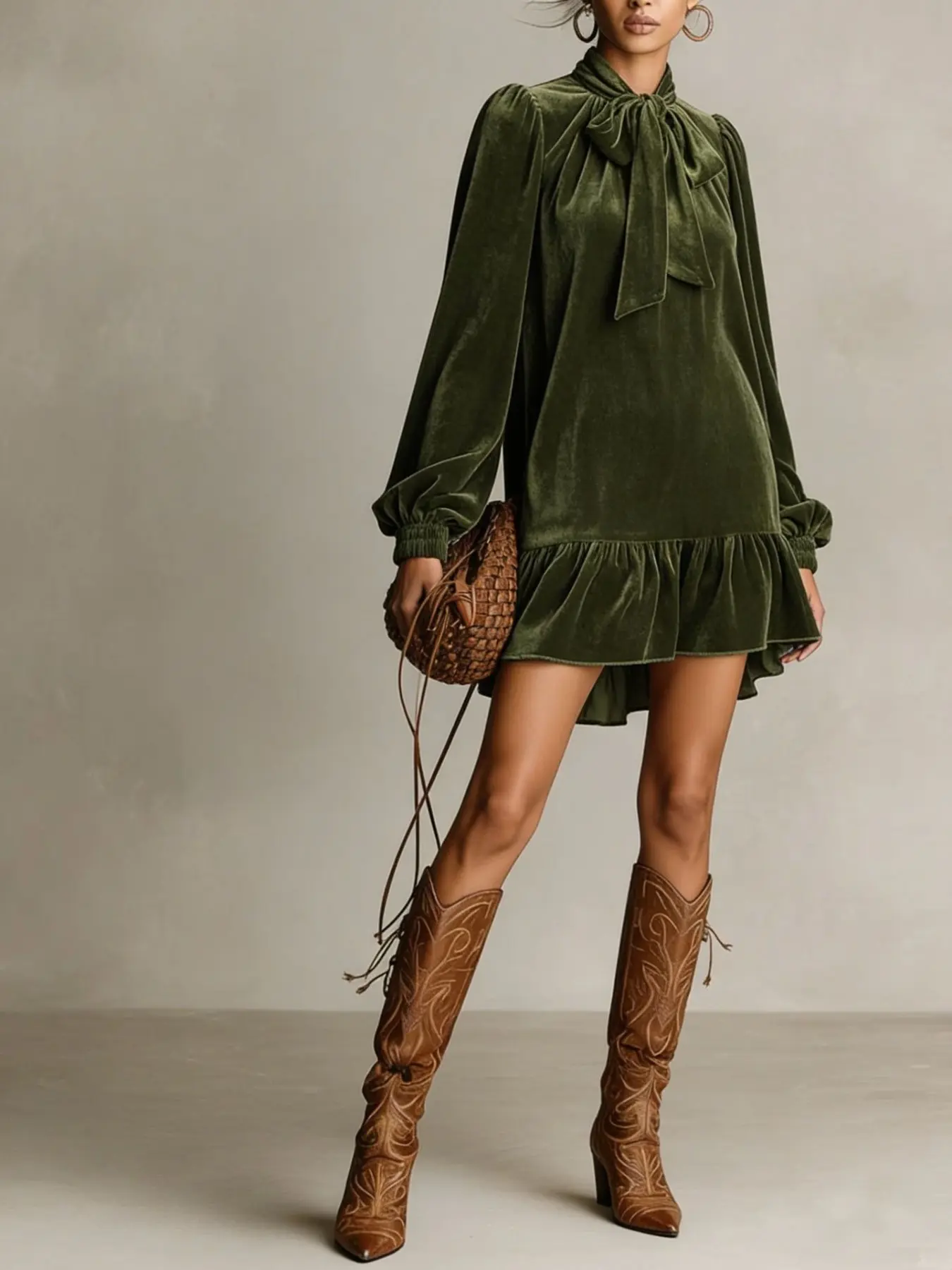 Elegant Vintage Style Chic Women's Loose Lantern Sleeve Bowknot Solid Color Pleated Velvet Dress, Casual Fashion Long Dress for All Seasons, Boho Vintage Dresses, Spring, Womenswear, Lady