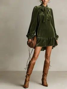 Elegant Vintage Style Chic Women's Loose Lantern Sleeve Bowknot Solid Color Pleated Velvet Dress, Casual Fashion Long Dress for All Seasons