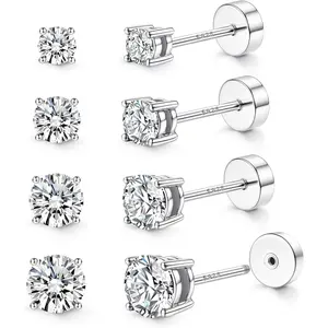 MILACOLATO Flat Back Earrings for Women - 925 Sterling Silver Earrings for Sensitive Ears - Cartilage Earring Helix Conch Tragus Piercing Flatback Cubic Zirconia Earring Set Studs Men 2/3/4/5mm