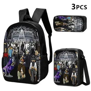 Durable Water Resistant 3-Piece Backpack Set for Kids, Lightweight School Bag with Lunch Box, Featuring Chicano Homies Barbershop Crew Full-Print, Classic Lowrider Cartoon Gang Character & City Building Background for Chicano Street Culture Fans Daily Sch