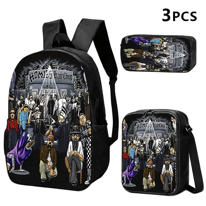 3-Piece Backpack Set for School, Chicano Homies Barbershop Cartoon Print Oxford Fabric Streetwear with Lunch Box & Pencil Case for Kids & Teens, Backpacks For School, Zipper, Triple-In-One Backpacks