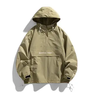 Men's letter print drawstring pocket half zip-up hooded jacket, casual regular fit long-sleeve jacket, windproof splash-water resistant coat suitable for spring and autumn wear, stylish men's everyday outdoor apparel Light Army Green Menswear