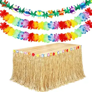 Hawaiian Party Decor Kit 1 Pack 9ft x 29.5in Grass Table Skirt + 2 9.8ft Leis + 1 Paper Streamer Banner Ideal for Tropical Beach Pool Tiki Birthday Summer Hawaiian Party Decorations
