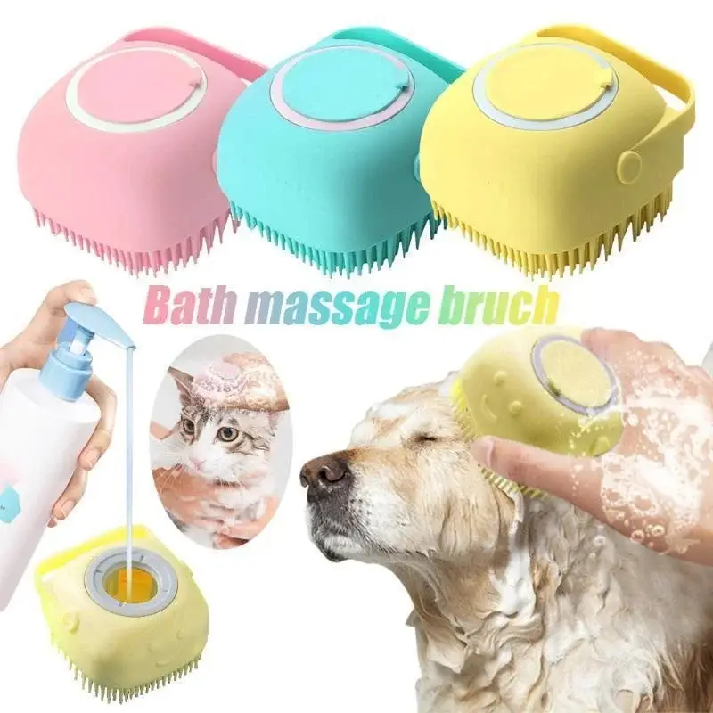 Dog Bath Brush, Soft Silicone Shampoo Dispenser Brush Scrubber Pet Massage Shower Grooming Washing Soap Brush with Adjustable Handle for Long Short Ha