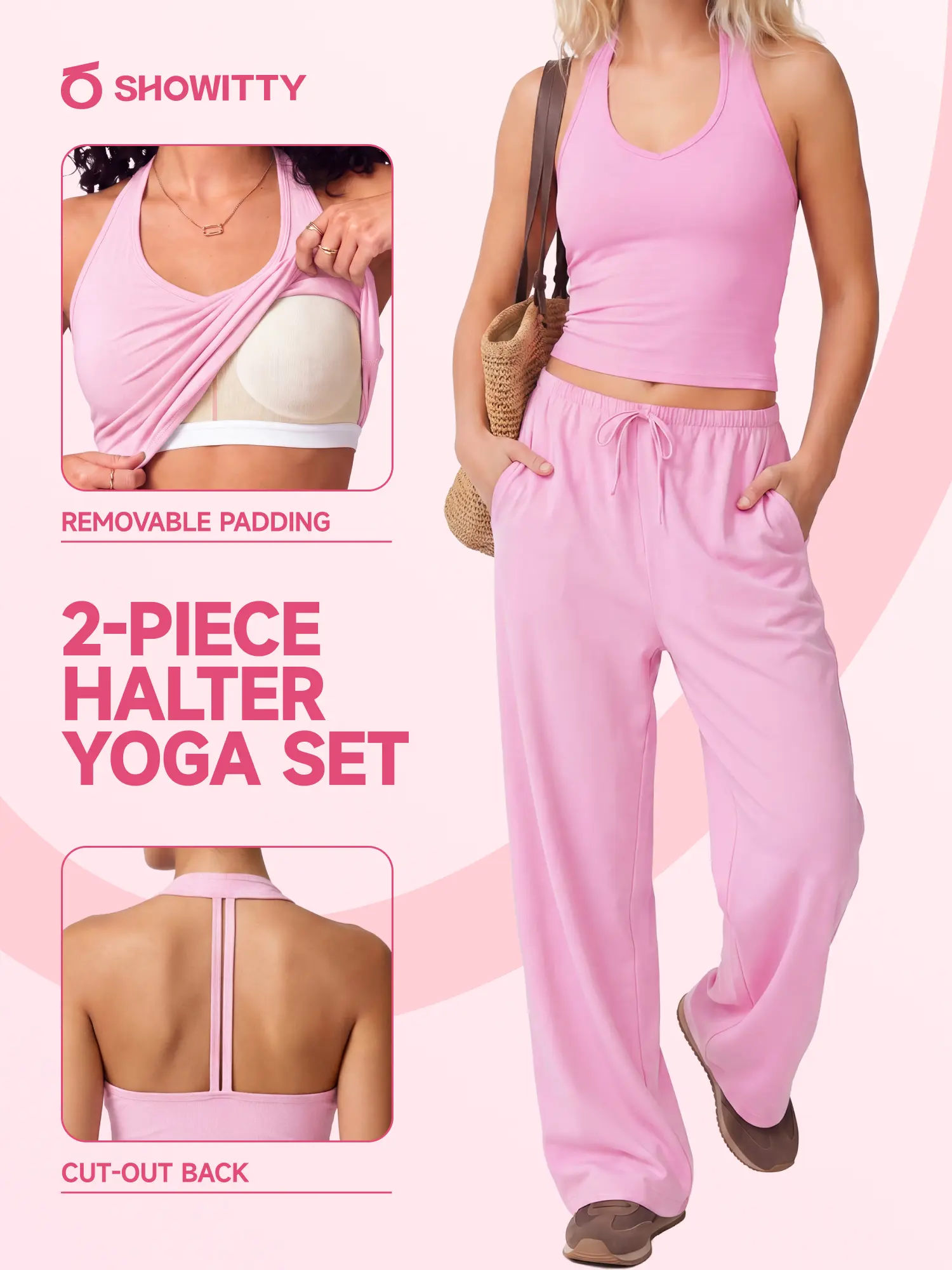 SHOWITTY Womens 2 Piece Lounge Set Open Back Tank Top & Wide Leg Pants with Pockets Built-in Bra Casual Set