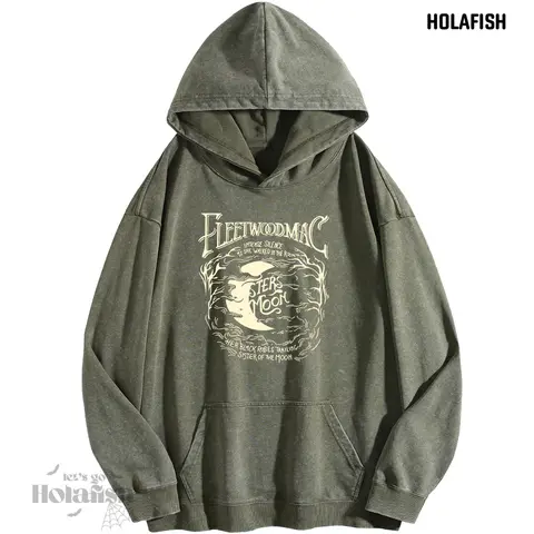 Holafish Women's Retro Print Hoodies - 90s Look Vintage Acid-Wash Cotton-Polyester Blend Oversized Long-Sleeve Hooded Streetwear Style Tops, Layering Biker Outfits, Thanksgiving-Easter Apparel