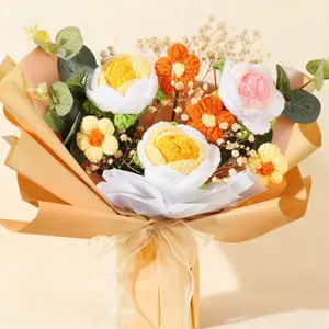 Handmade Crochet Flower Bouquet Artificial Knitted Floral Arrangement for Birthday Wedding Thanksgiving Christmas Valentine Mother's Day Gift Home Decor Yellow Rose