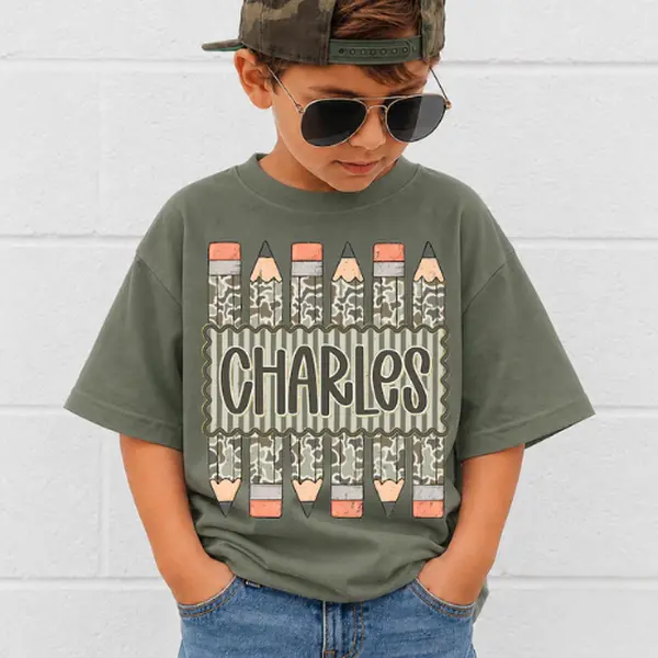 (DM or NOTE) Youth Personalized Back to School Shirt for Boys, Custom Name Pencil Shirt, Camo Pencil Kids Tee, Kindergarten First Day Shirt, School Gift