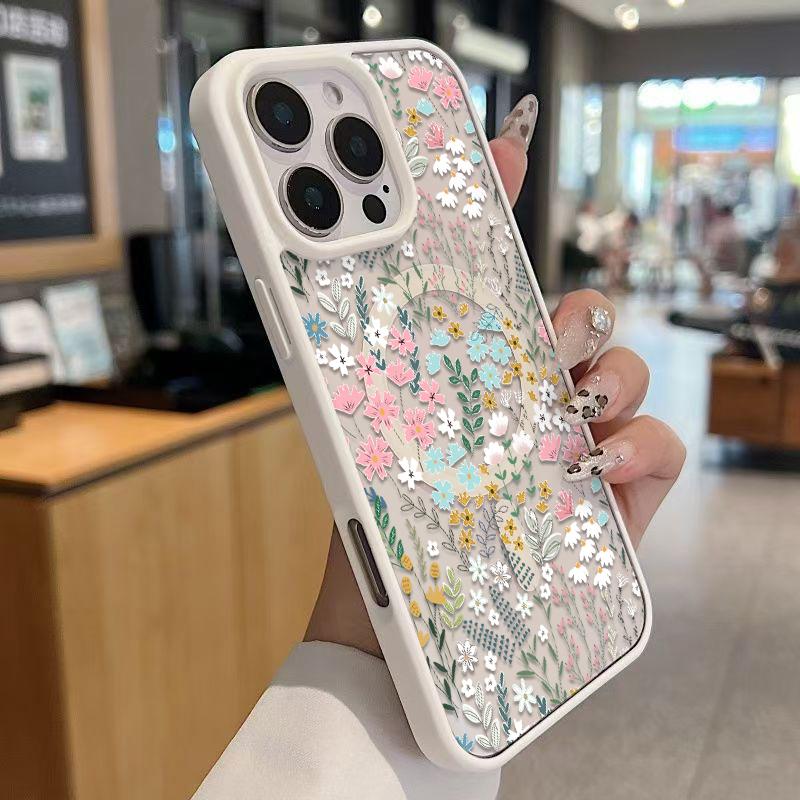 Chic Botanical Graphic Phone Case Hand-Drawn Style Pink, Blue & Yellow Wildflowers Paired With Lush Greenery Featuring Built-In Strong Magnet Ring Blending Smooth Macaron Texture With Secure Magsafe Compatibility For iPhone 17 16 15 14 13 12 11 X XS