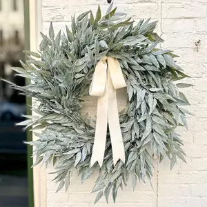 Elegant Neutral Style Greenery Wreath, Eucalyptus with Seed Pods and Ivory Bow, Minimalist Front Door and Entryway Decor, Home Decor Ornament, All Seasons