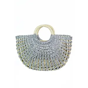 Metallic Raffia Handbag w/ Circle Handles