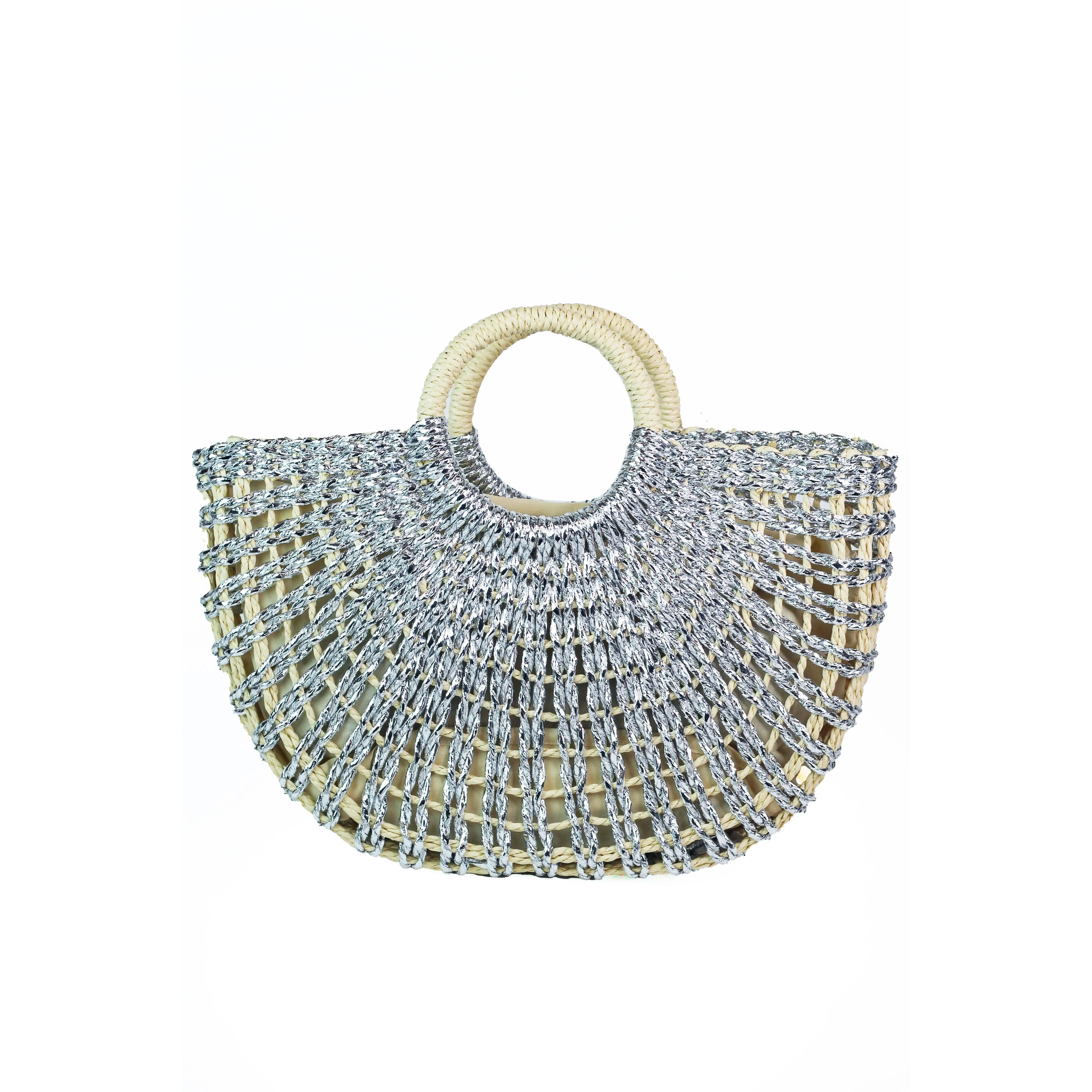 Metallic Raffia Handbag w/ Circle Handles