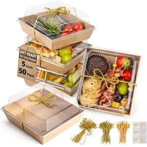 -Ready Charcuterie Boxes with Clear , Cake Slice Container, Bakery packaging,   Containers, Small , 5"Dessert Boxes with Ready to use Ribbon and  Skewers-50 Count-BROWN